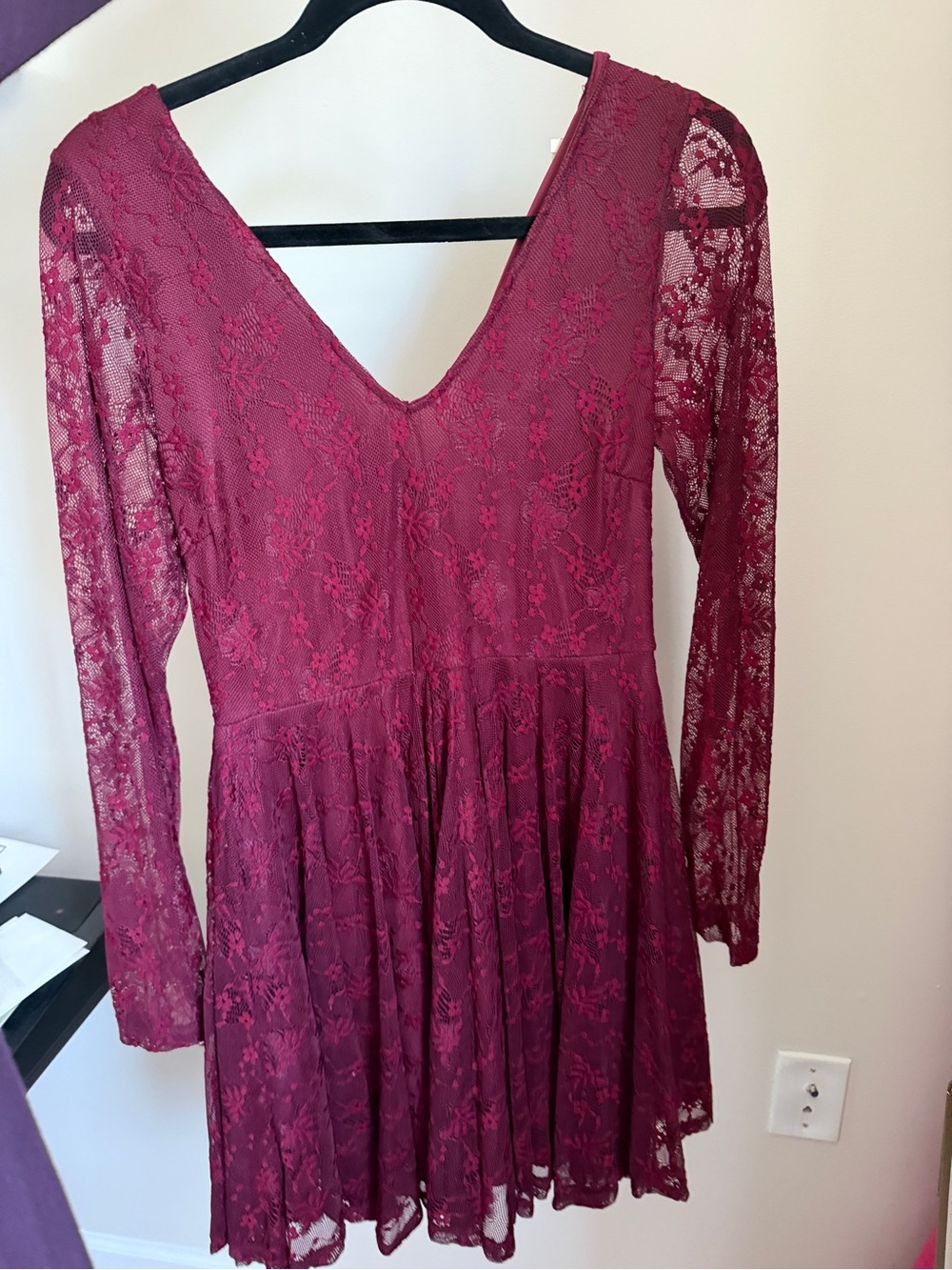 Altar'd State Burgundy Lace Long Sleeve V-Neck Dress